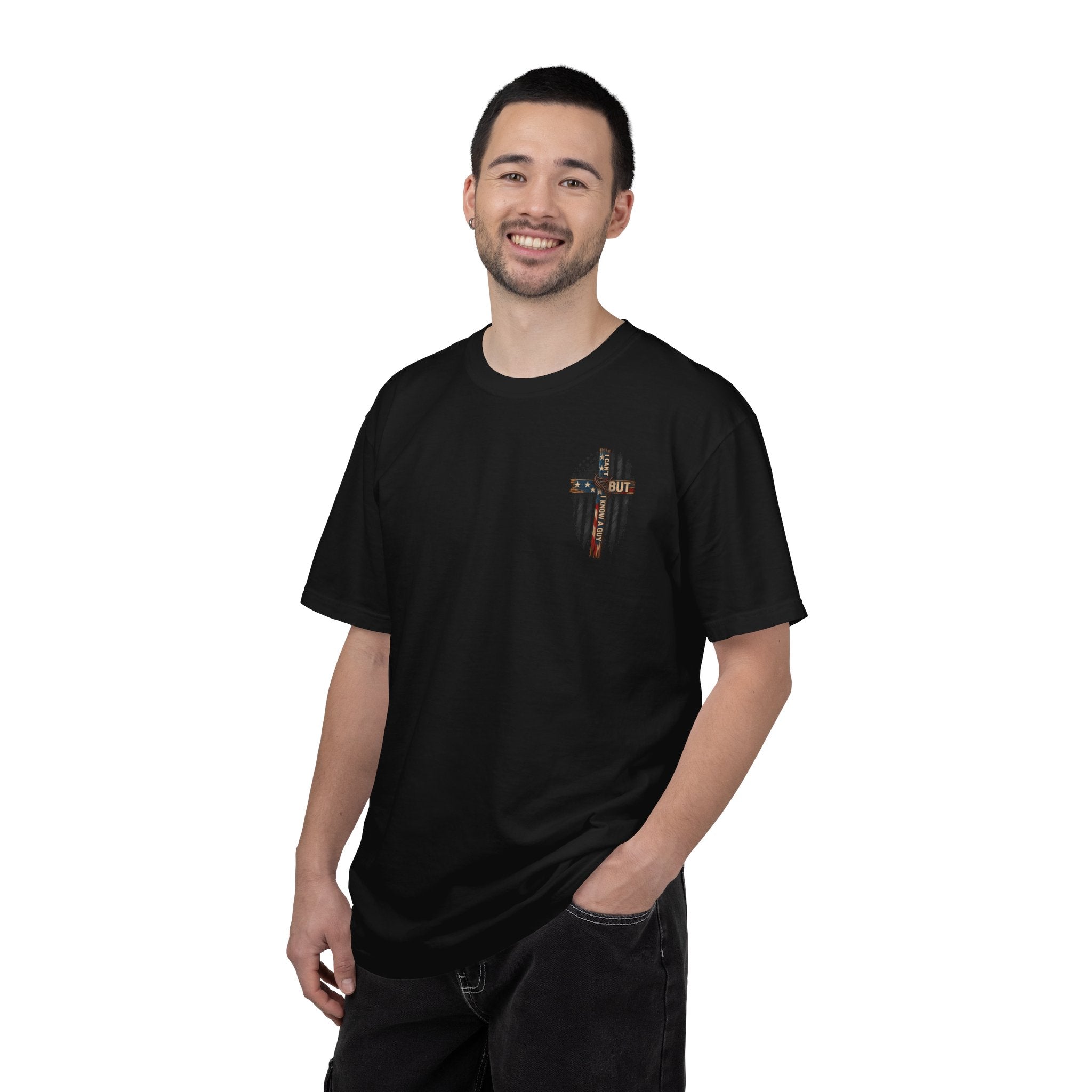 T-Shirt — 'I Can't But I Know A Guy' American Flag Cross Graphic