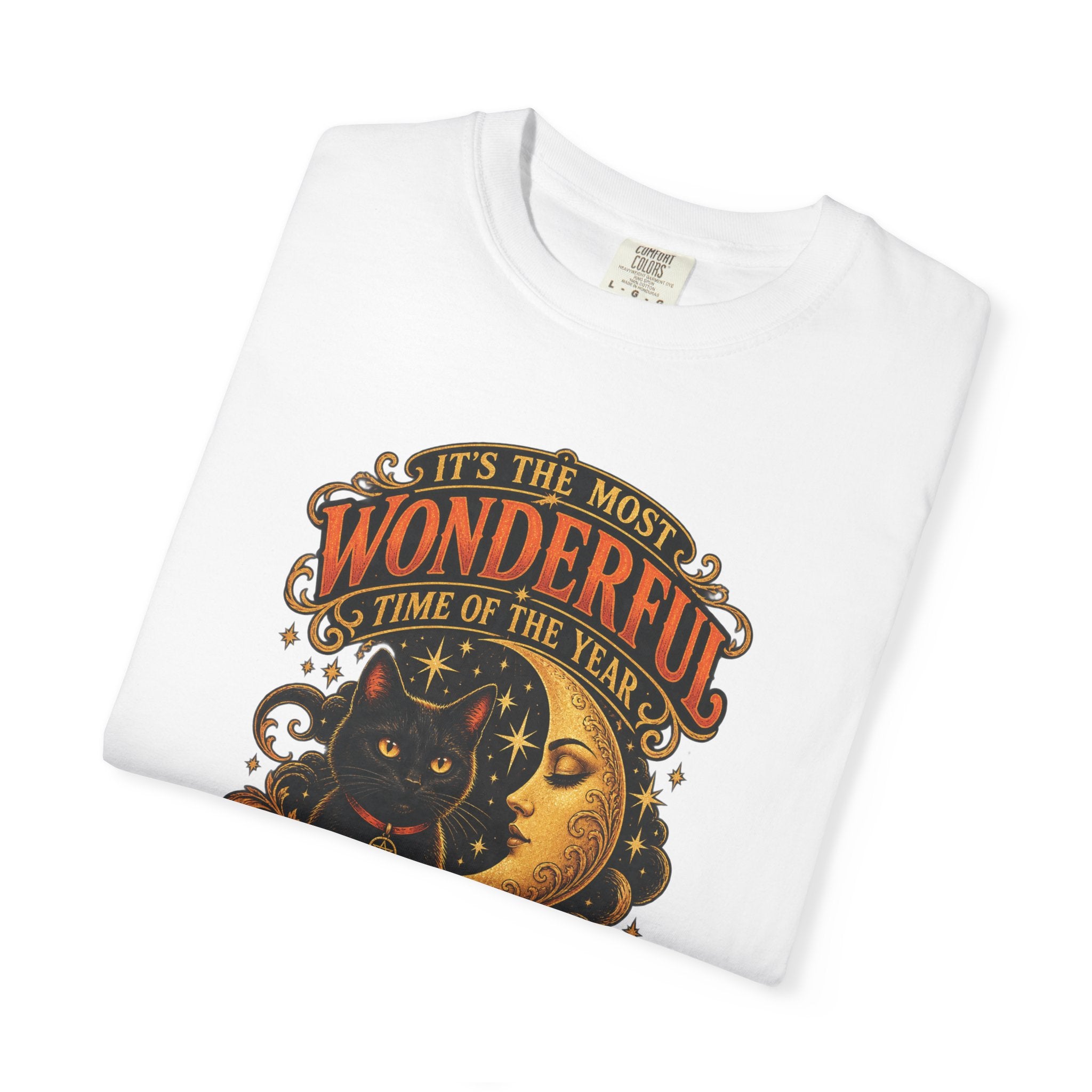 T-Shirt — "It's the Most Wonderful Time of the Year" Halloween Black Cat & Pumpkin