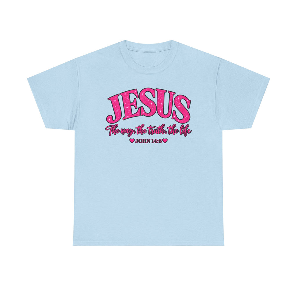 Christian T-Shirt — "JESUS The way, the truth, the life" (John 14:6) Pink Vintage Script