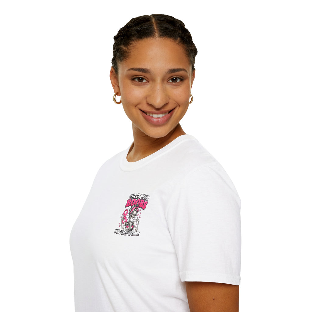 Breast Cancer Awareness T-Shirt — “Check Your Boobs, Mine Tried to Kill Me” Graphic Tee