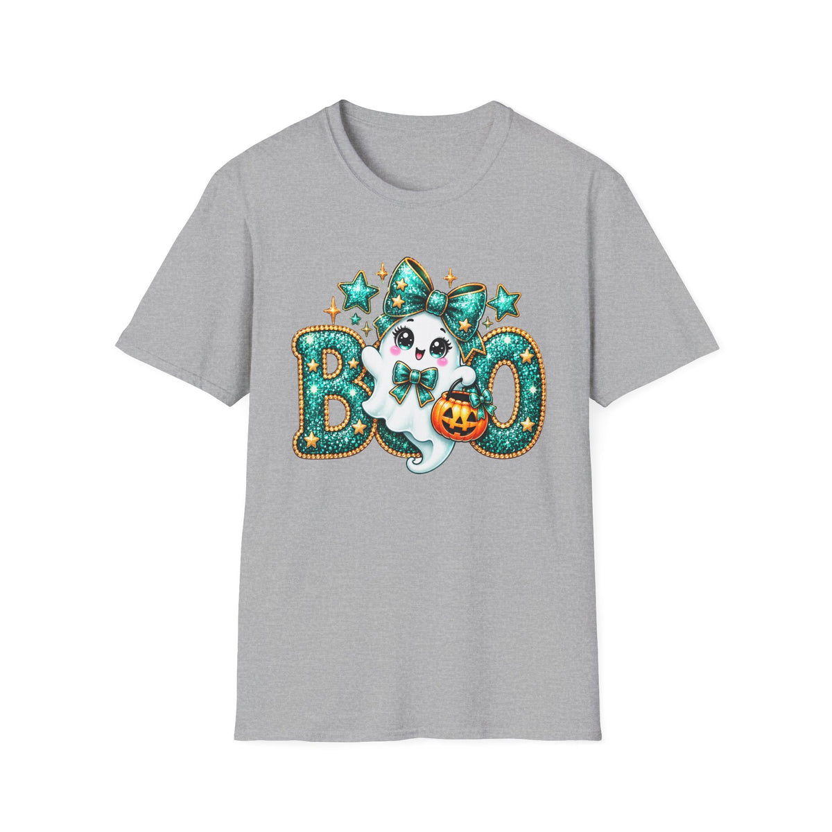 Boo Ghost Graphic T-Shirt — Cute Teal Glitter Halloween Tee