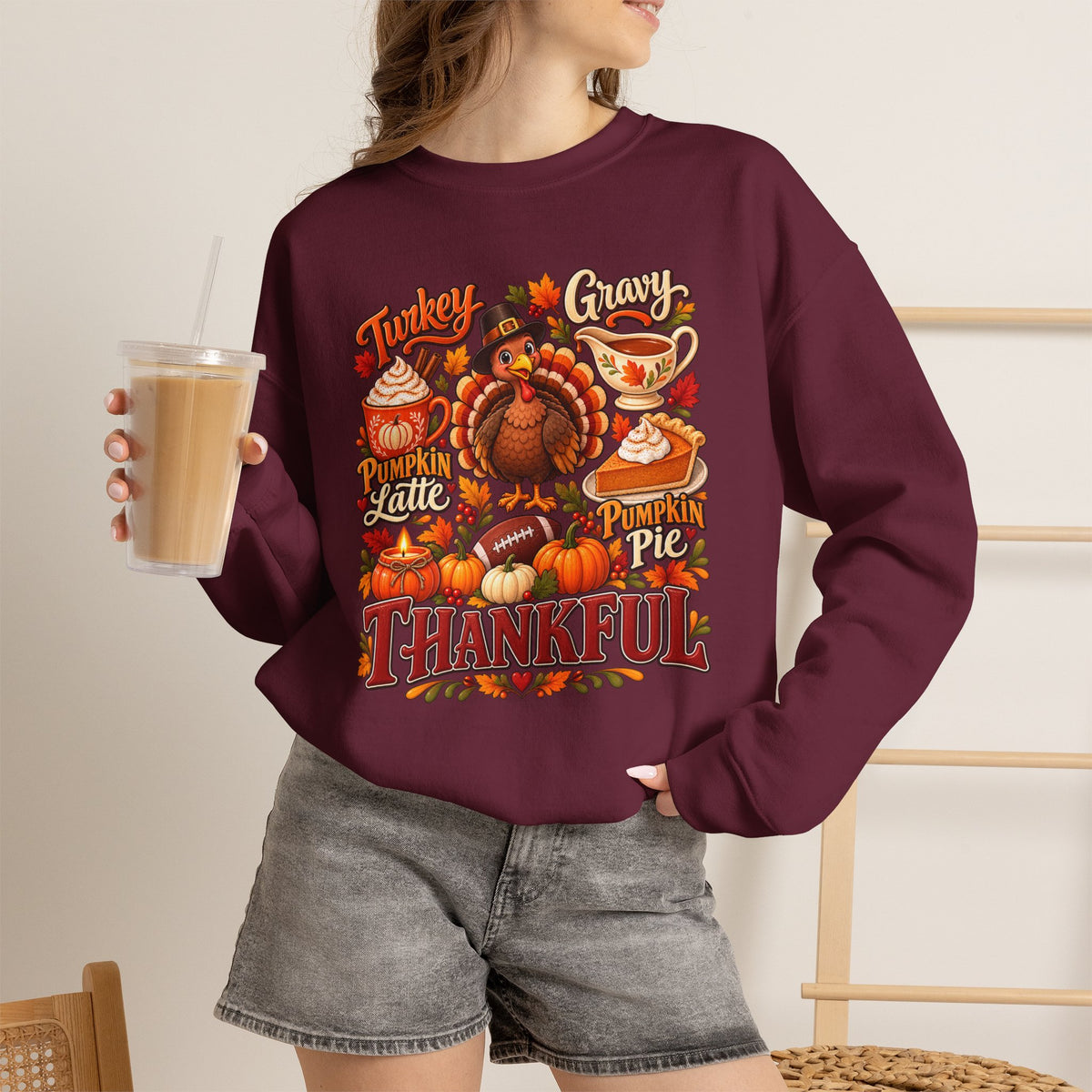 Thankful Thanksgiving Sweatshirt — Cute Turkey & Fall Harvest Crewneck
