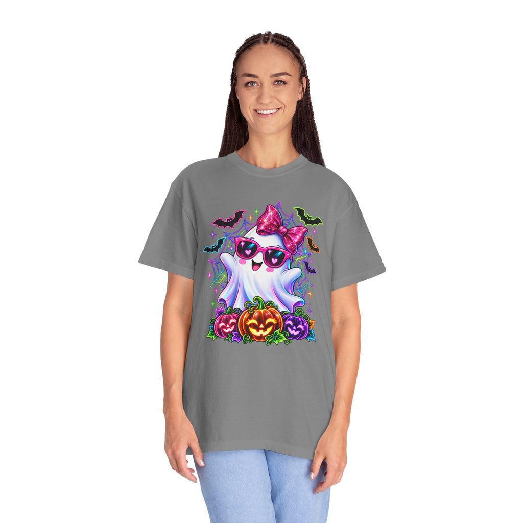 Cute Halloween Ghost T-Shirt — Pink Bow Ghost with Sunglasses & Pumpkins