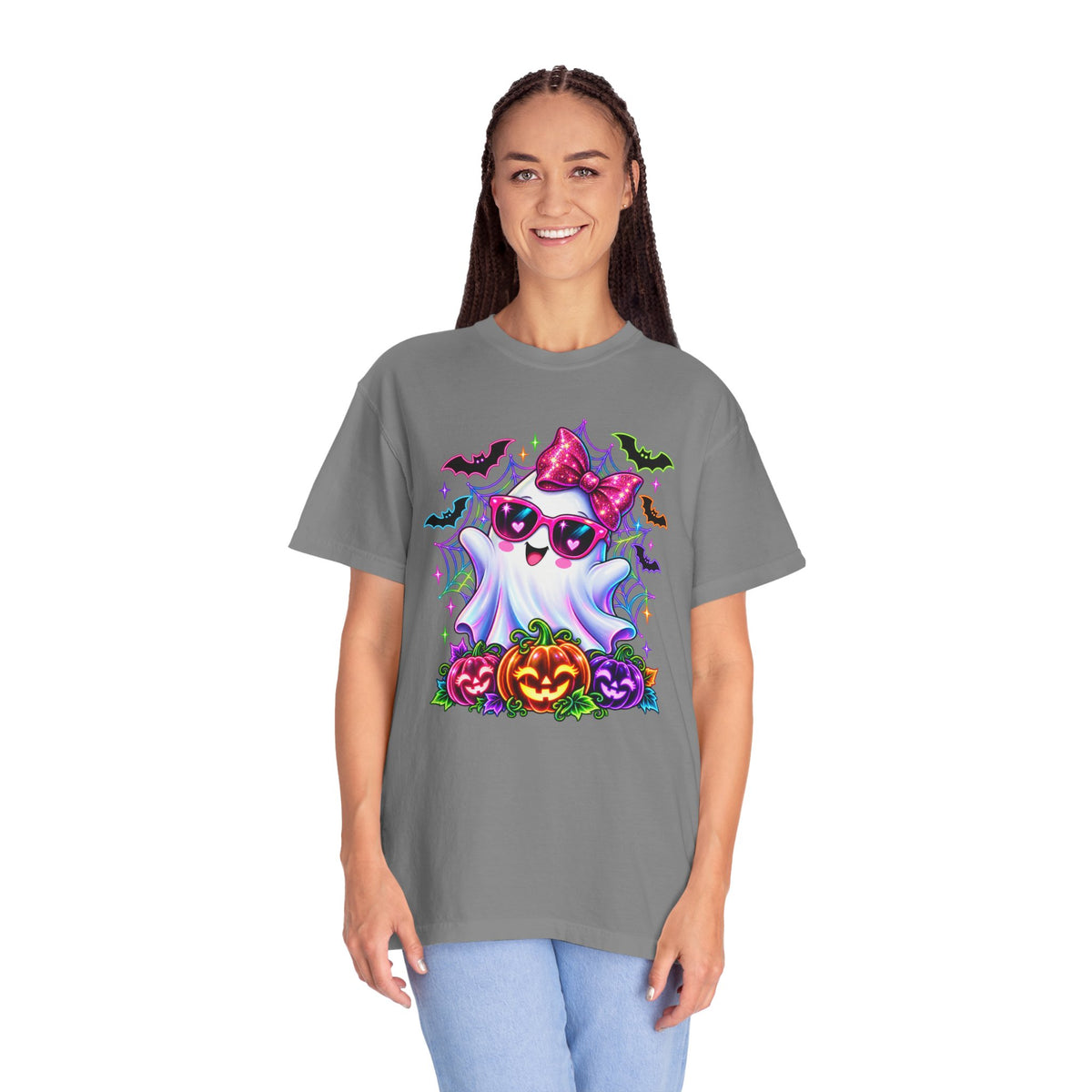 Cute Halloween Ghost T-Shirt — Pink Bow Ghost with Sunglasses & Pumpkins