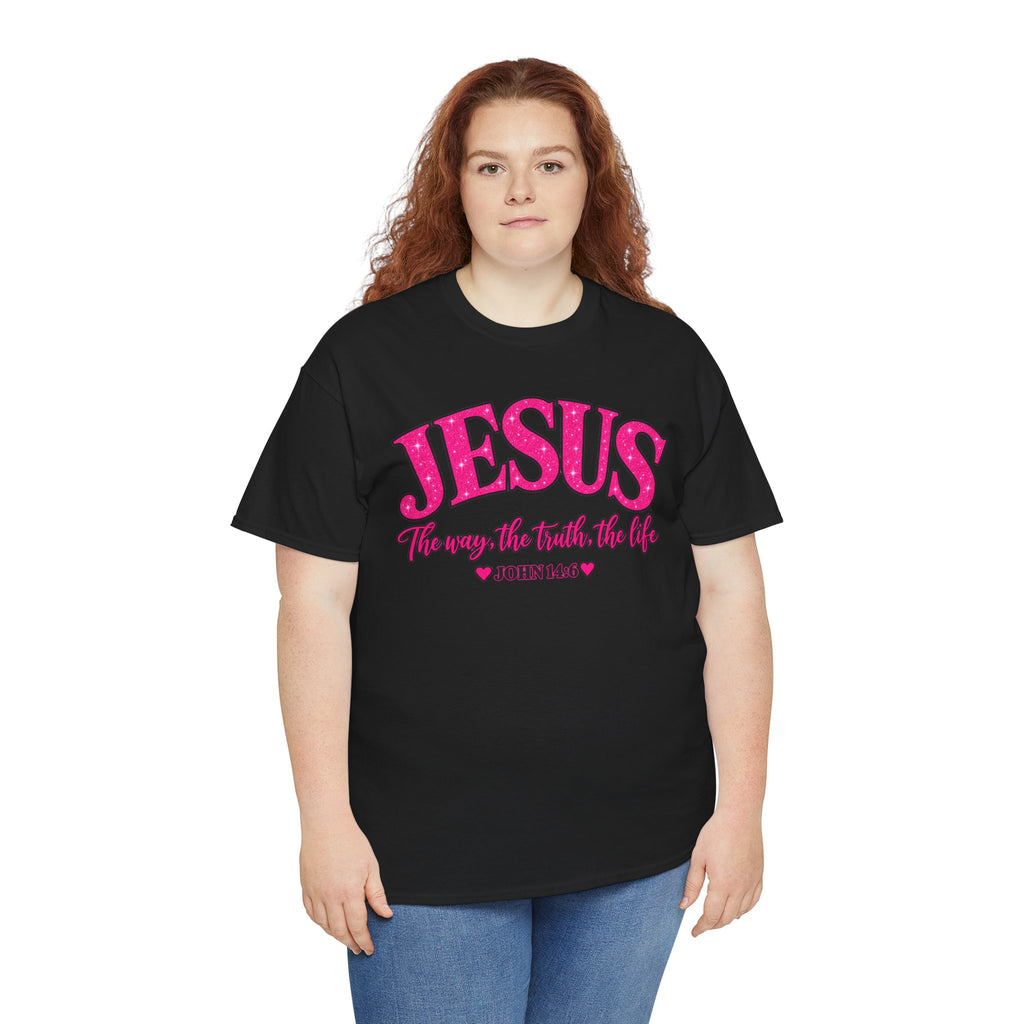 Christian T-Shirt — "JESUS The way, the truth, the life" (John 14:6) Pink Vintage Script
