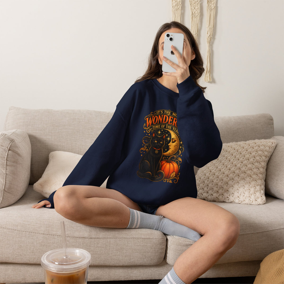 Vintage Halloween Sweatshirt - "It's the Most Wonderful Time of the Year" Black Cat & Moon Design