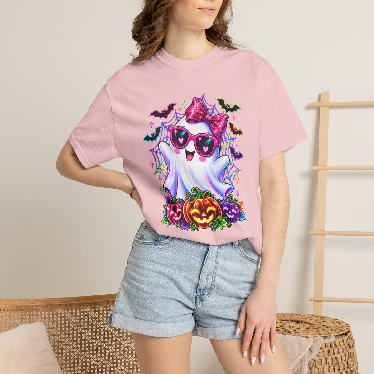 Cute Halloween Ghost T-Shirt — Pink Bow Ghost with Sunglasses & Pumpkins