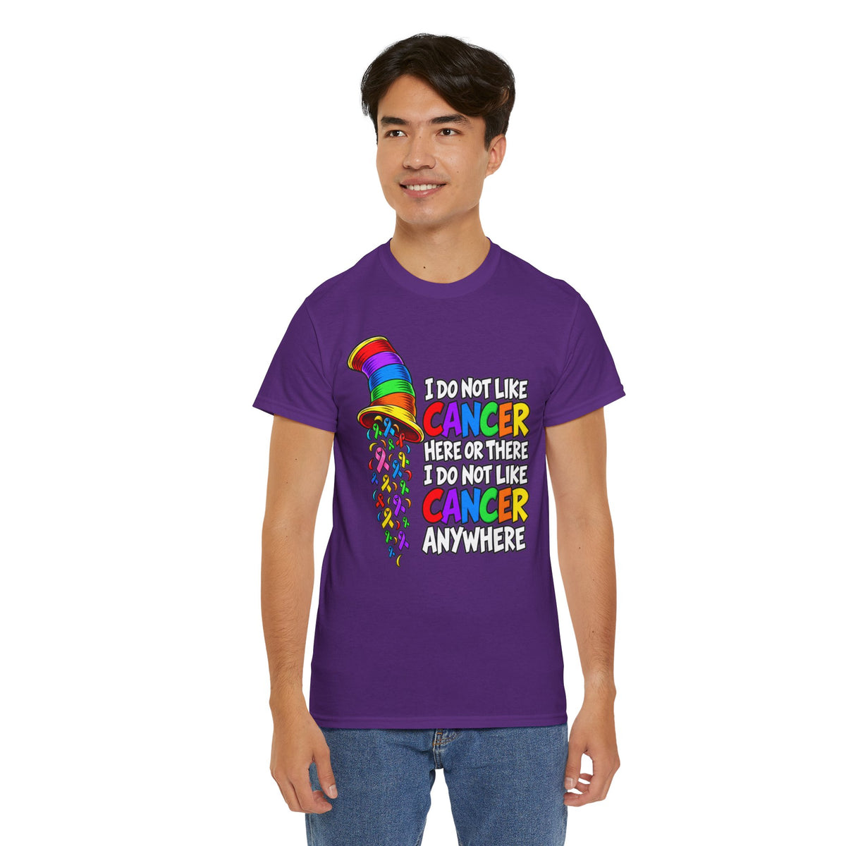 Cancer Awareness T-Shirt — “I Do Not Like Cancer Here or There” Rainbow Ribbon Tee