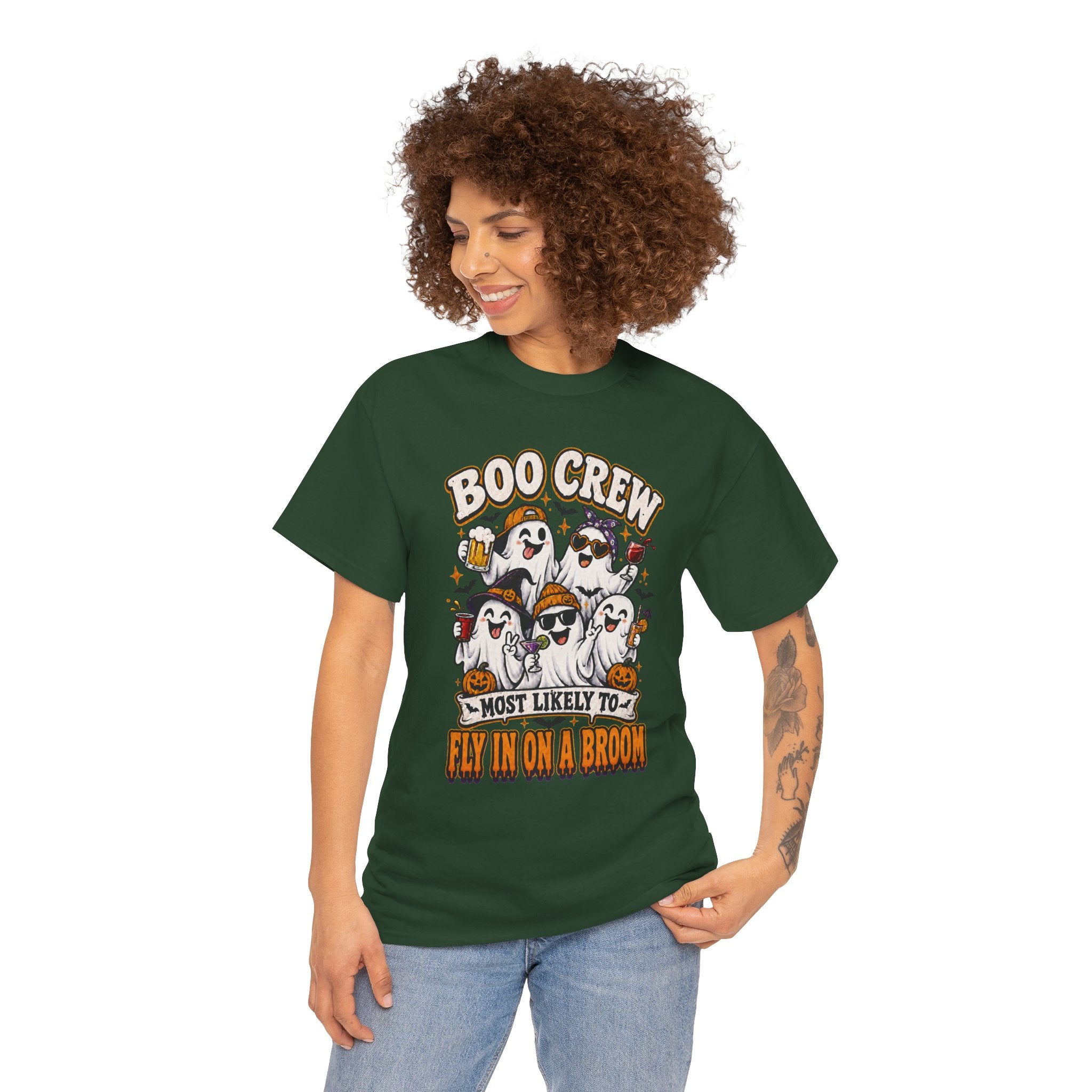 Boo Crew T-Shirt — “Most Likely to Fly on a Broom” Halloween Ghost Tee