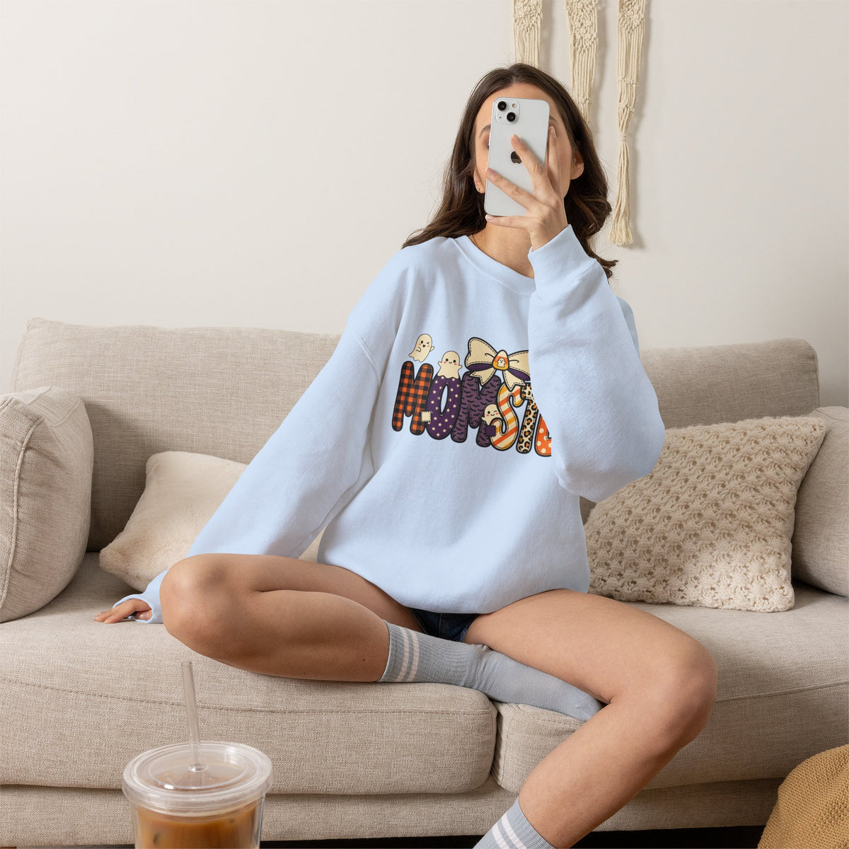 Momster Halloween Sweater | Momster Crewneck Sweatshirt, Halloween mom, purple orange spooky lettering