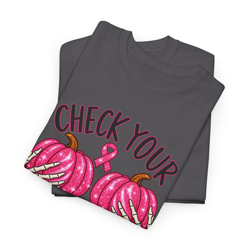 Breast Cancer Awareness T-Shirt — "Check Your Pumpkins for Lumps" Pink Ribbon Tee