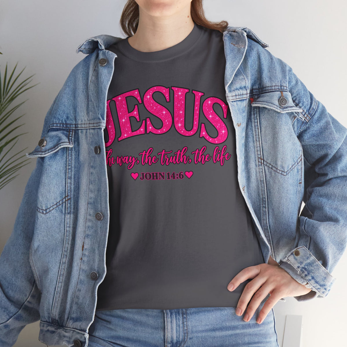 Christian T-Shirt — "JESUS The way, the truth, the life" (John 14:6) Pink Vintage Script
