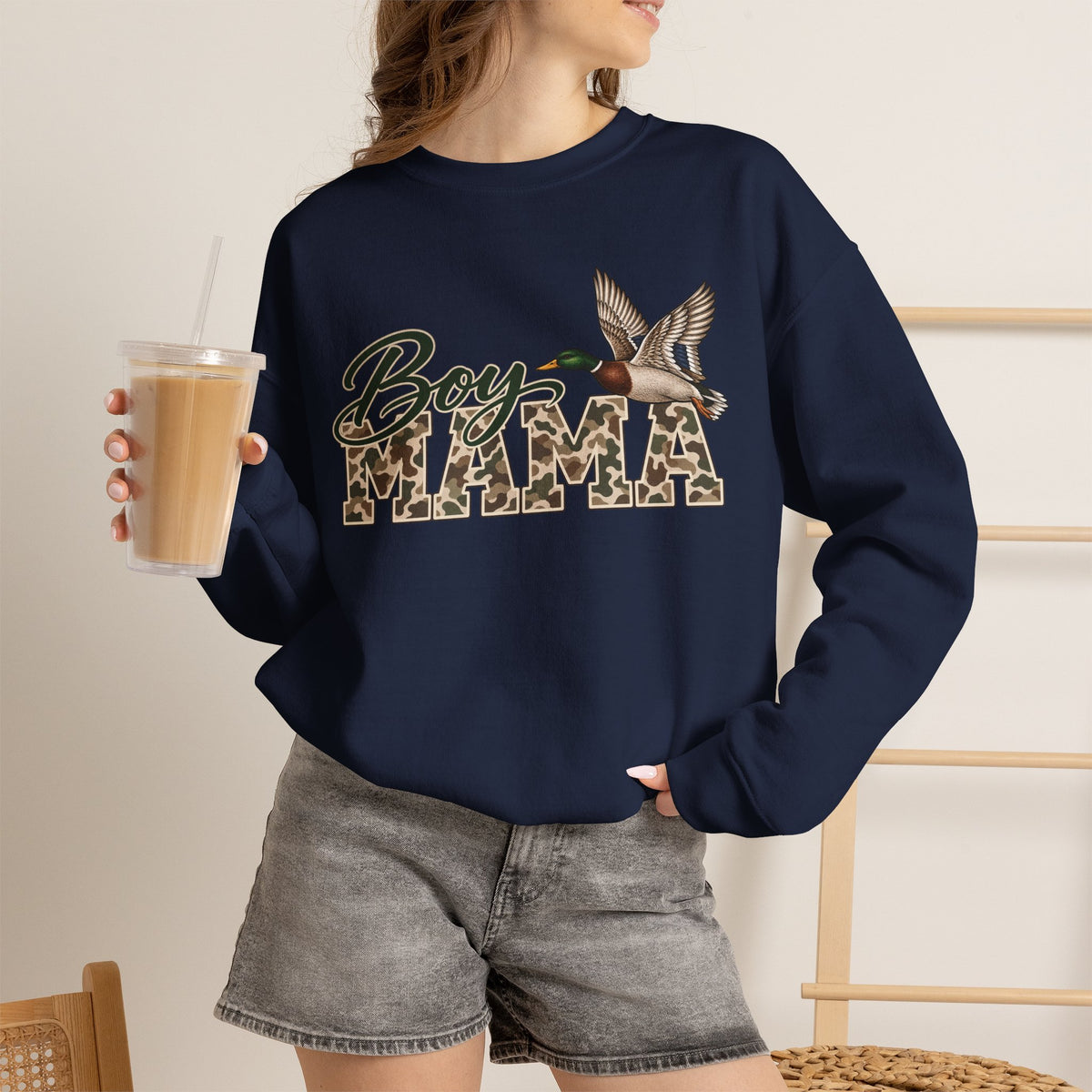 Boy Mama Crewneck Sweatshirt — Camo Lettering with Flying Duck
