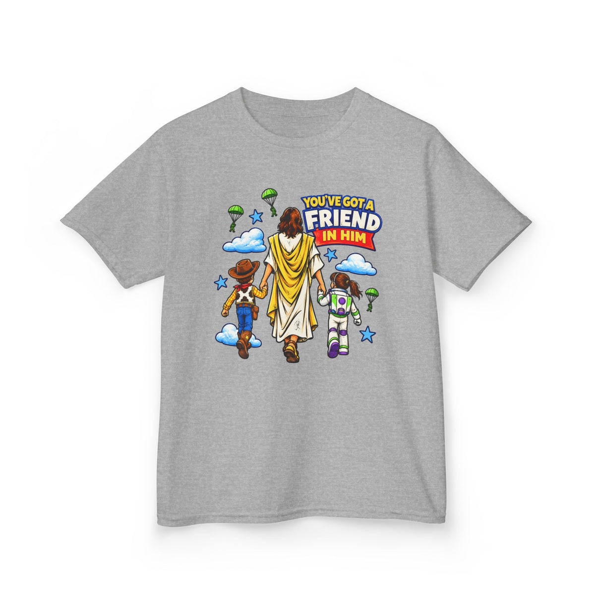 Kids Tee — "You've Gotta Friend in Him" Inspirational Jesus & Toy Friends Graphic