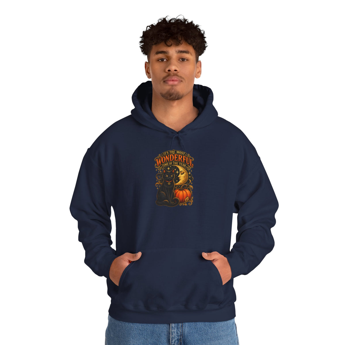 Halloween Black Cat Moon Hoodie – Vintage Pumpkin & Crescent Moon Fall Sweatshirt