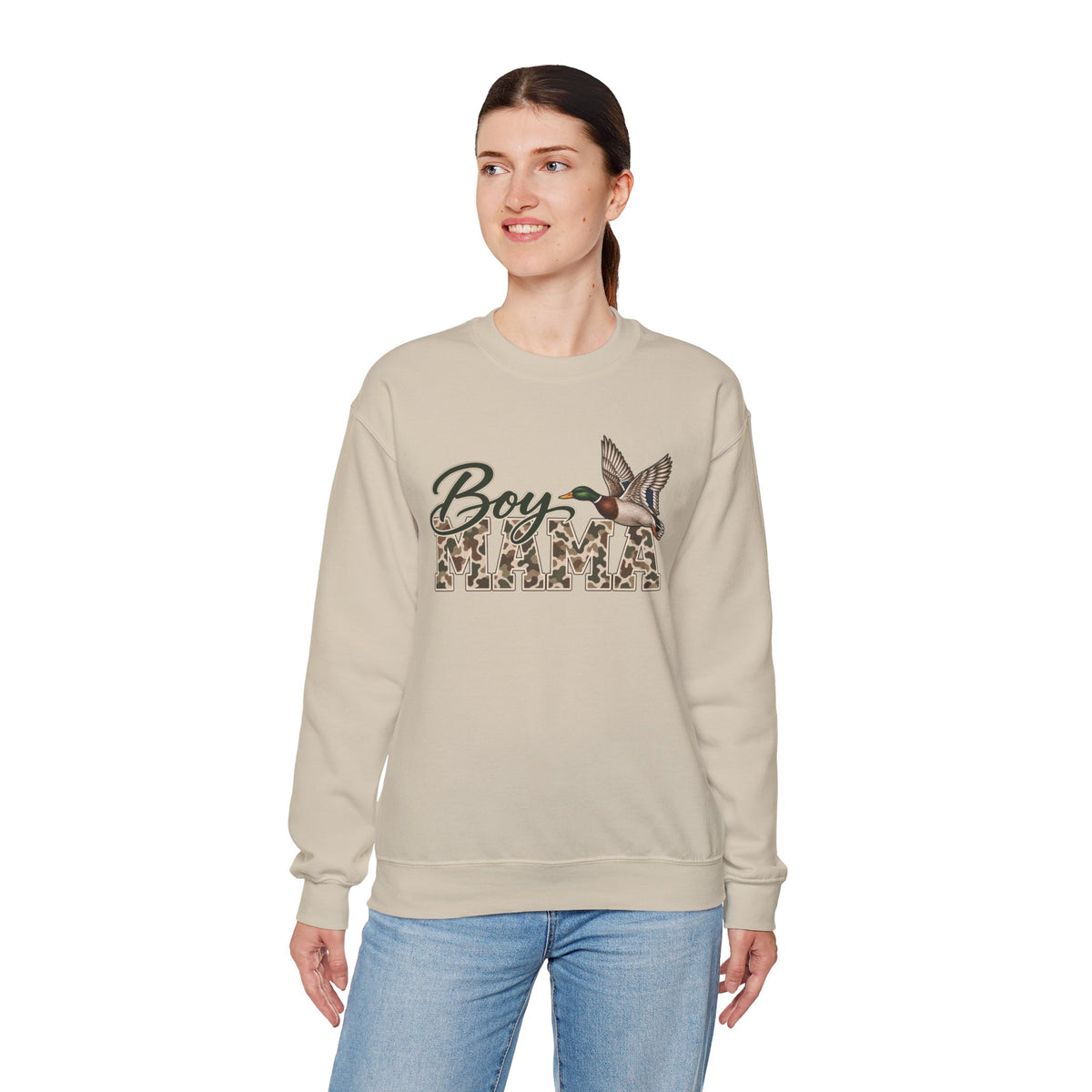 Boy Mama Crewneck Sweatshirt — Camo Lettering with Flying Duck