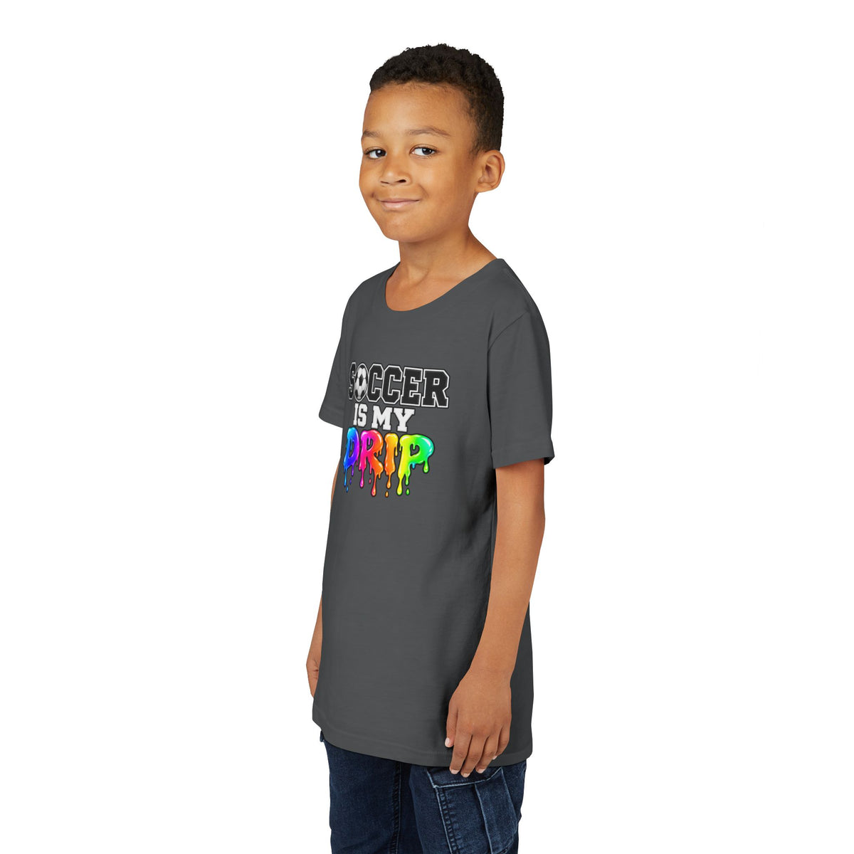 Youth Tee — "Soccer Is My Drip" Colorful Drip Soccer Graphic