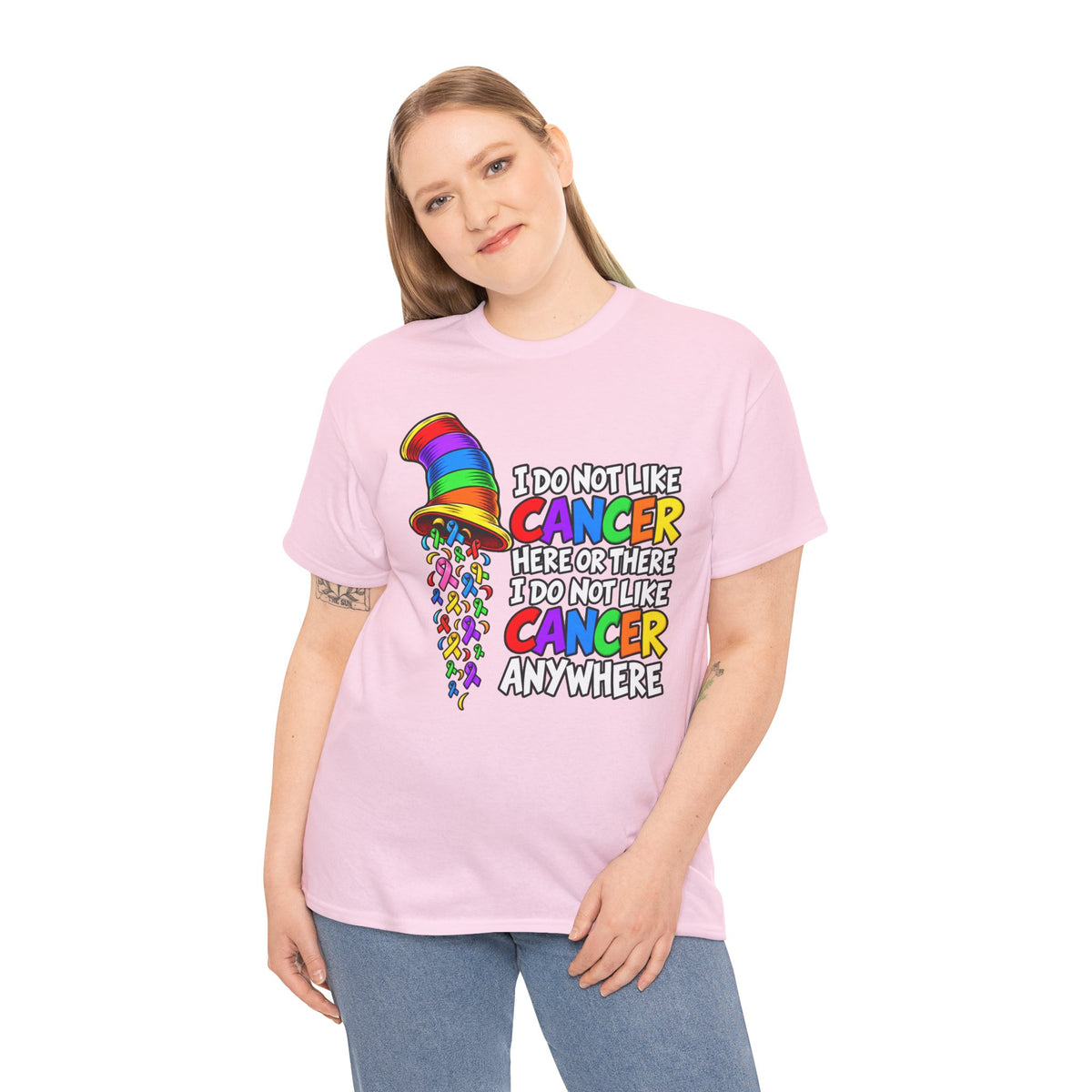 Cancer Awareness T-Shirt — “I Do Not Like Cancer Here or There” Rainbow Ribbon Tee