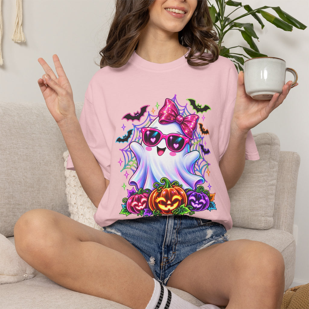 Cute Halloween Ghost T-Shirt — Pink Bow Ghost with Sunglasses & Pumpkins