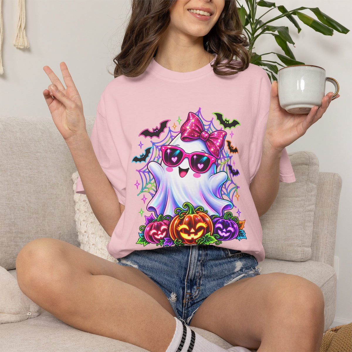 Cute Halloween Ghost T-Shirt — Pink Bow Ghost with Sunglasses & Pumpkins