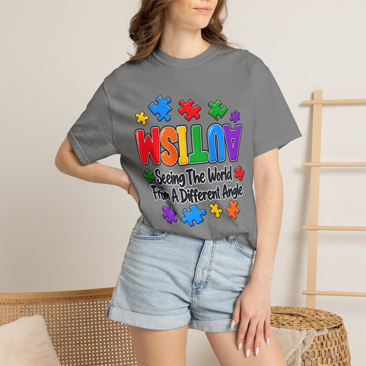Autism Awareness T-Shirt — "Seeing the World From a Different Angle" Puzzle Design