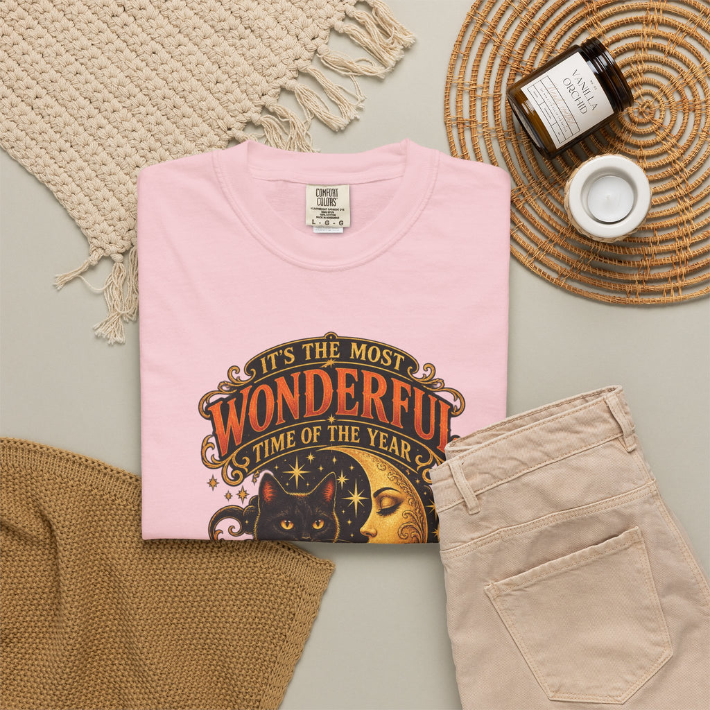 T-Shirt — "It's the Most Wonderful Time of the Year" Halloween Black Cat & Pumpkin