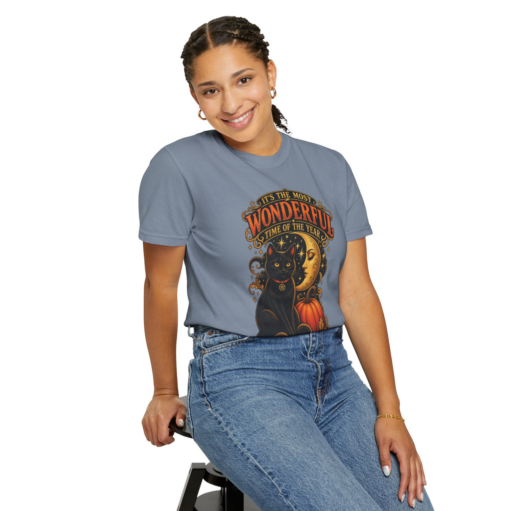 T-Shirt — "It's the Most Wonderful Time of the Year" Halloween Black Cat & Pumpkin