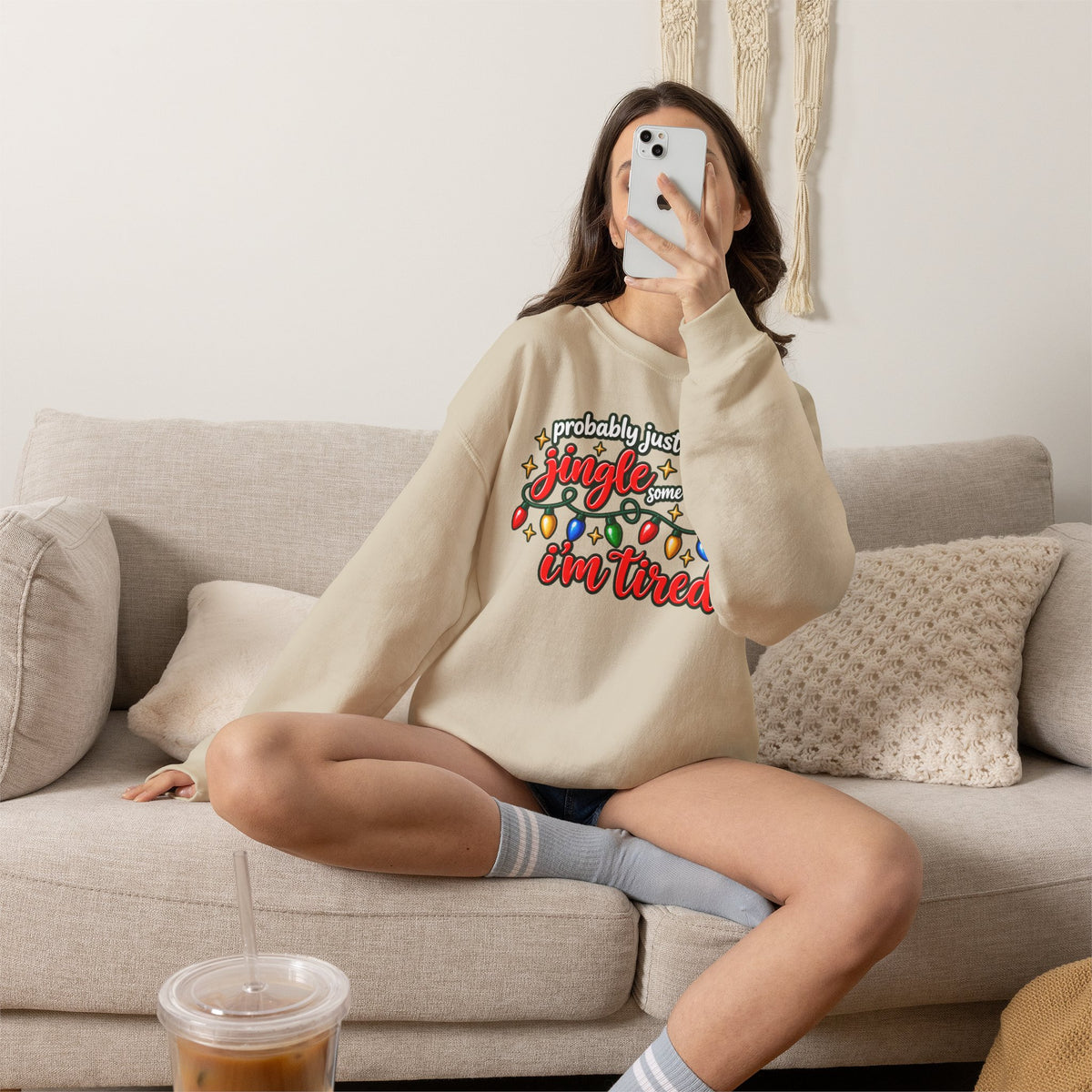 Crewneck Sweatshirt - "Probably Just Gonna Jingle Some of the Way I'm Tired" Christmas Lights Graphic
