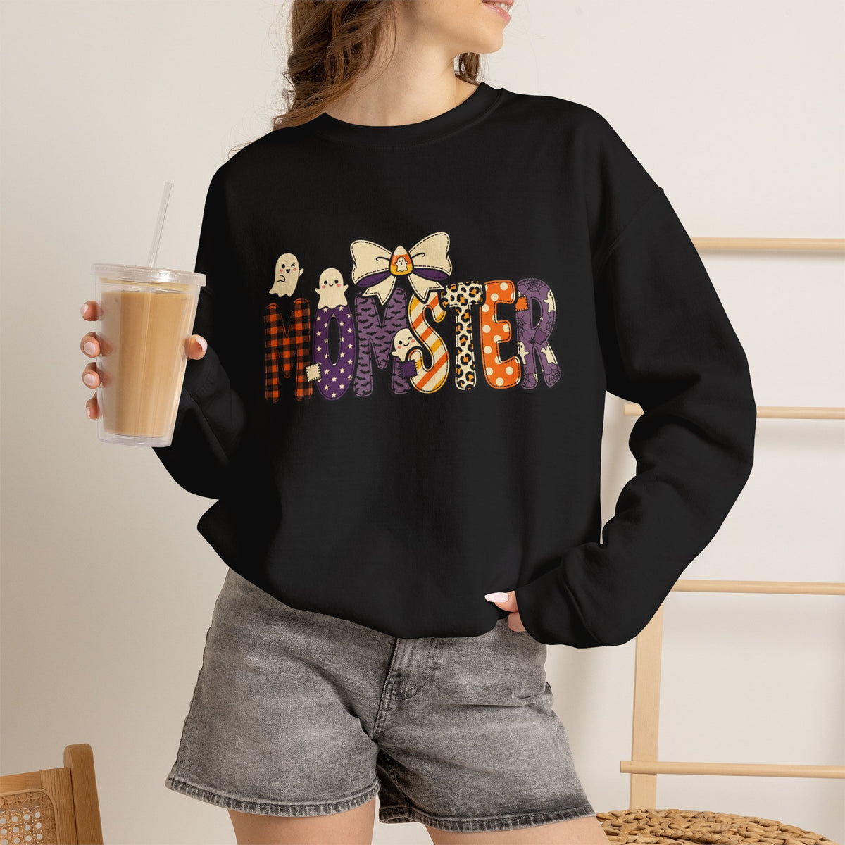 Momster Halloween Sweater | Momster Crewneck Sweatshirt, Halloween mom, purple orange spooky lettering