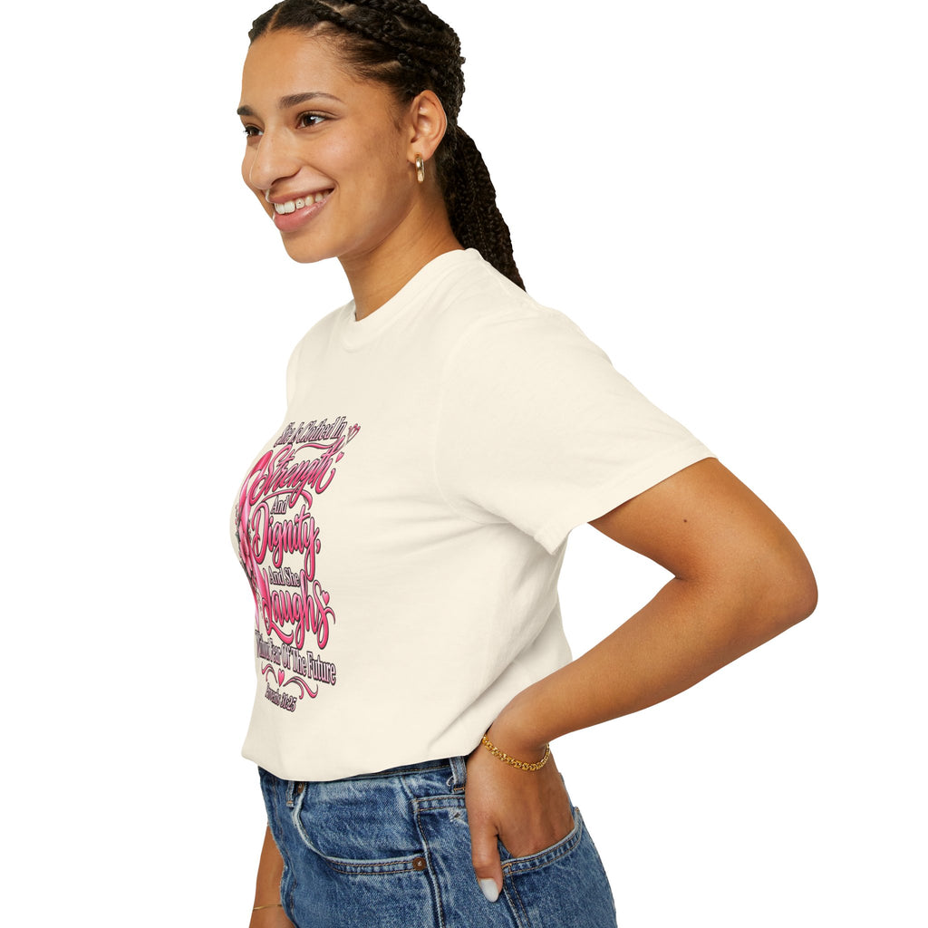 Breast Cancer Awareness T-Shirt — "She is Clothed in Strength" Pink Ribbon Tee