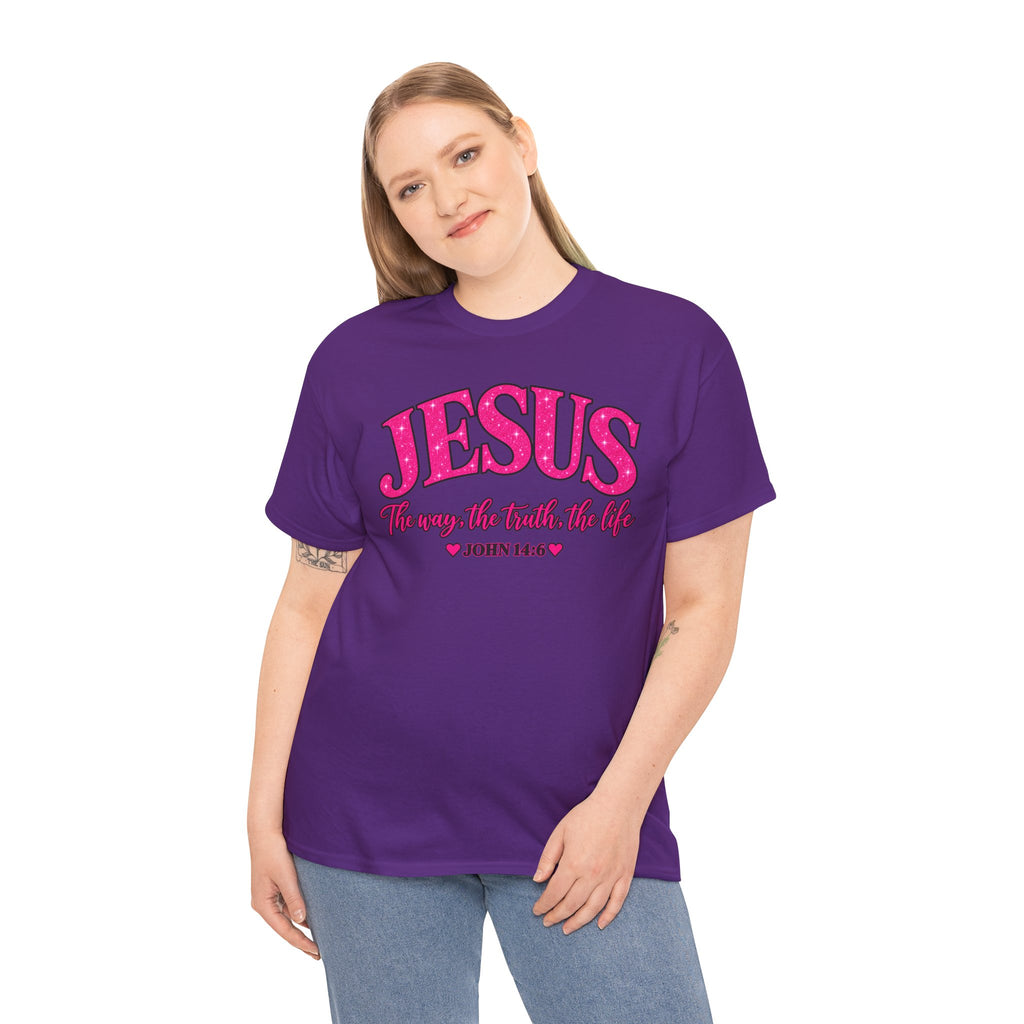 Christian T-Shirt — "JESUS The way, the truth, the life" (John 14:6) Pink Vintage Script