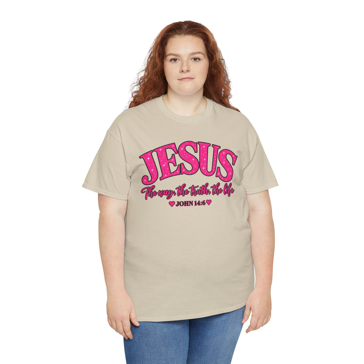 Christian T-Shirt — "JESUS The way, the truth, the life" (John 14:6) Pink Vintage Script
