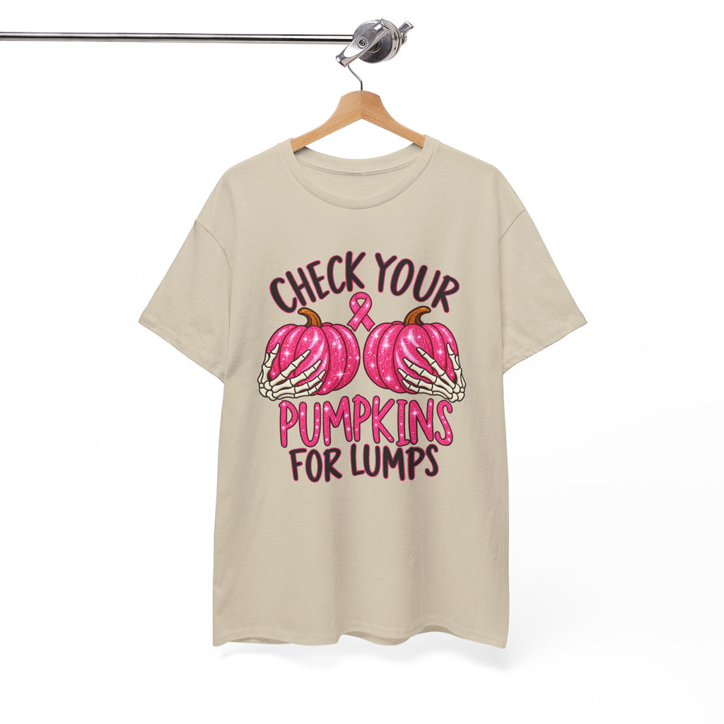 Breast Cancer Awareness T-Shirt — "Check Your Pumpkins for Lumps" Pink Ribbon Tee