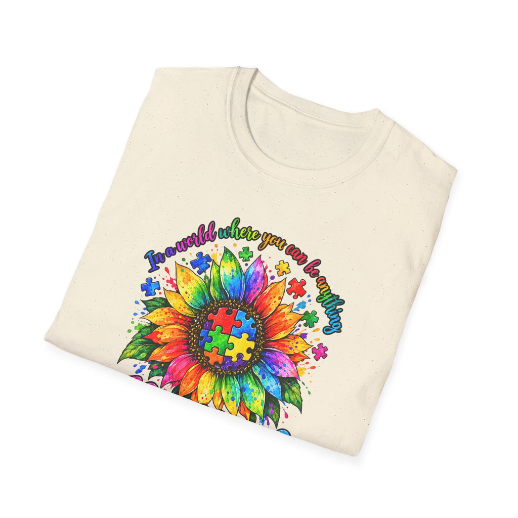 Autism Awareness Sunflower T-Shirt — 'Be Kind' Rainbow Puzzle Design