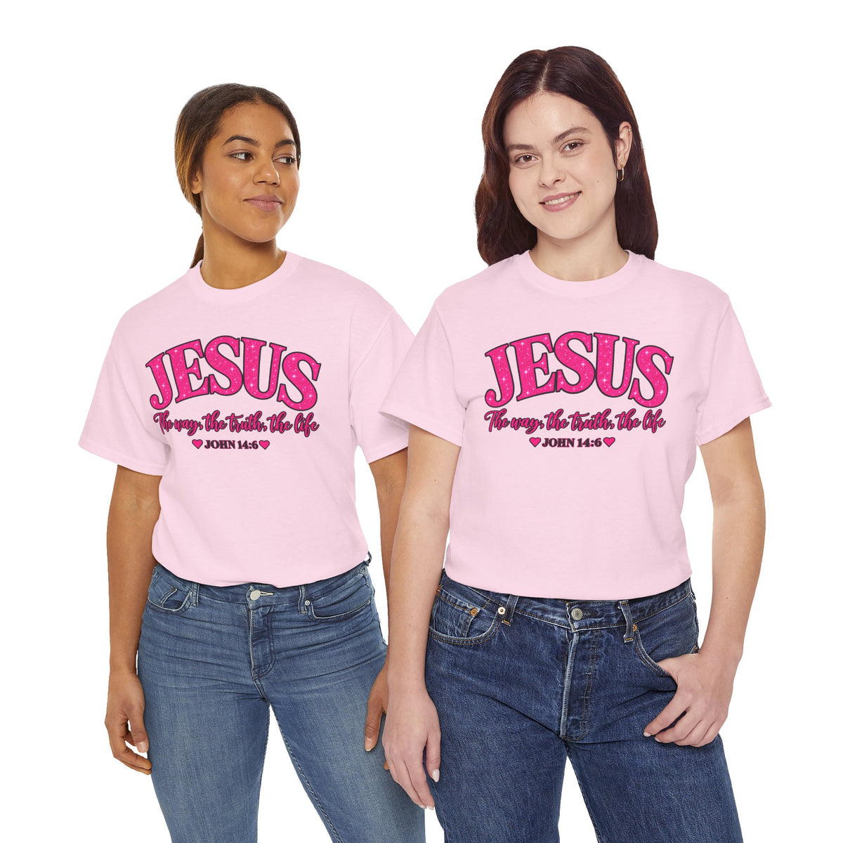 Christian T-Shirt — "JESUS The way, the truth, the life" (John 14:6) Pink Vintage Script