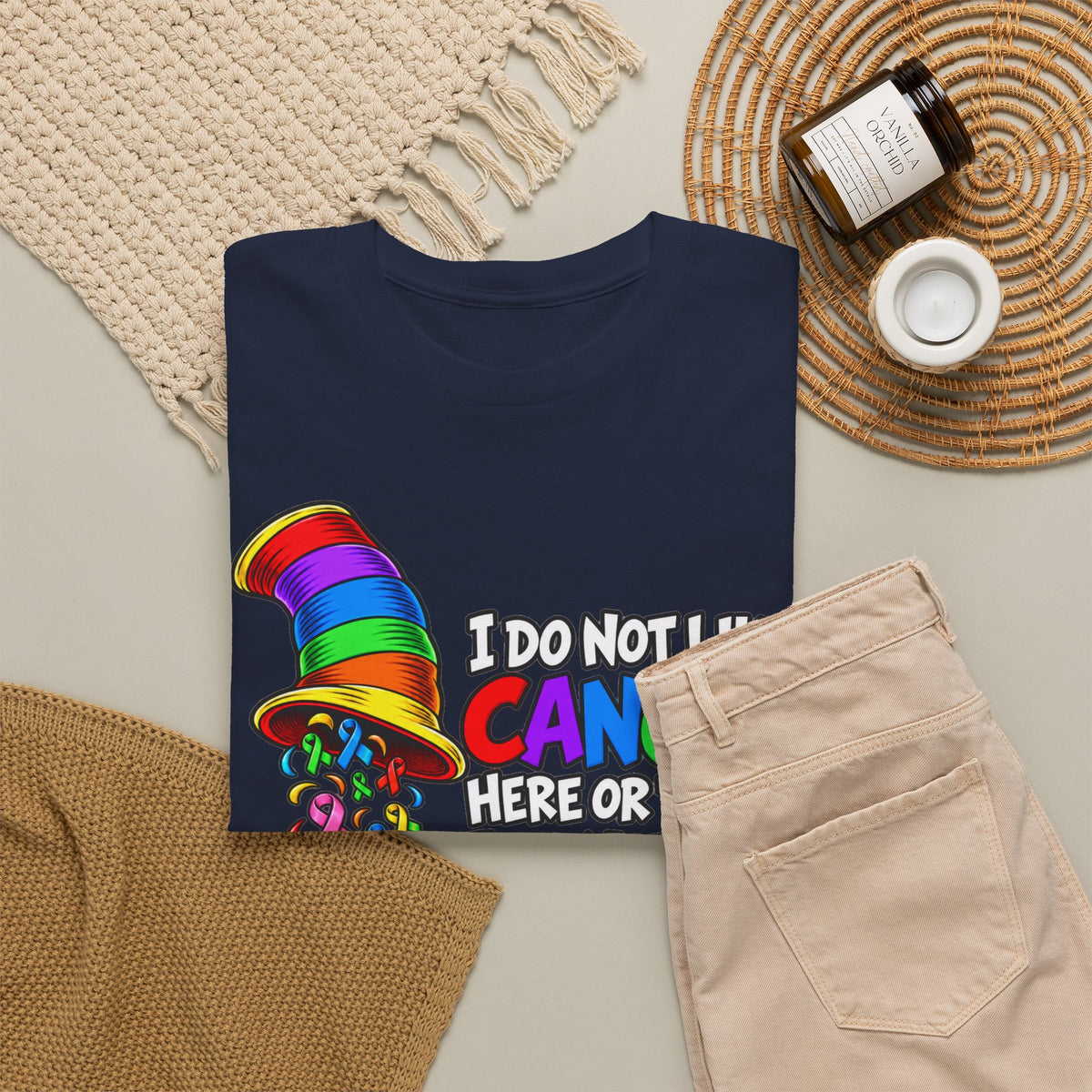 Cancer Awareness T-Shirt — “I Do Not Like Cancer Here or There” Rainbow Ribbon Tee