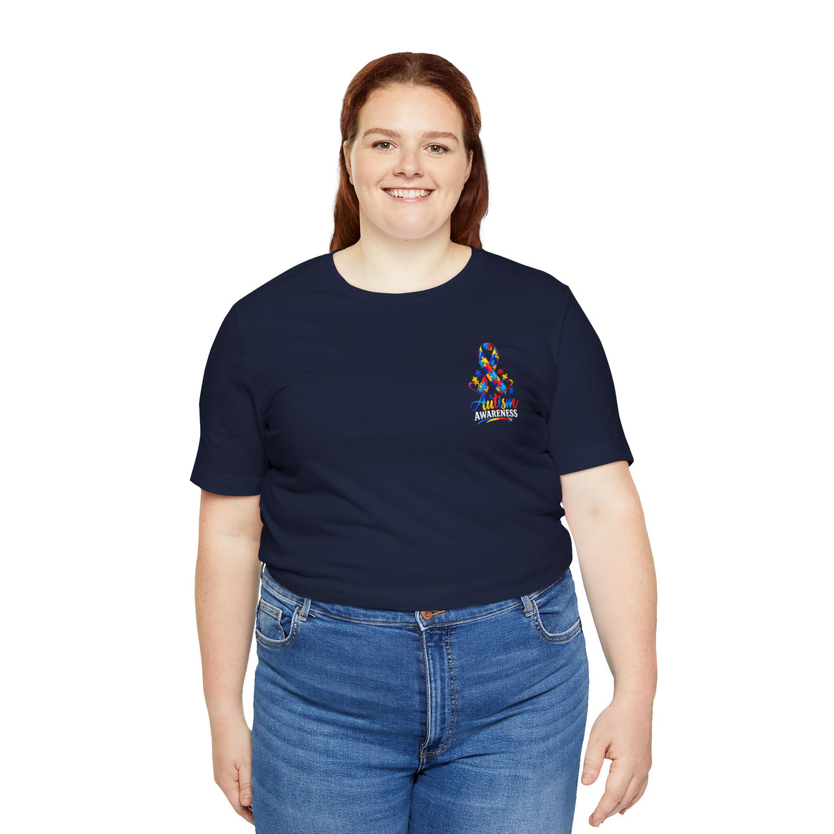 Autism Awareness Ribbon Chest Tee — 'Different, Not Less' Short Sleeve T-Shirt