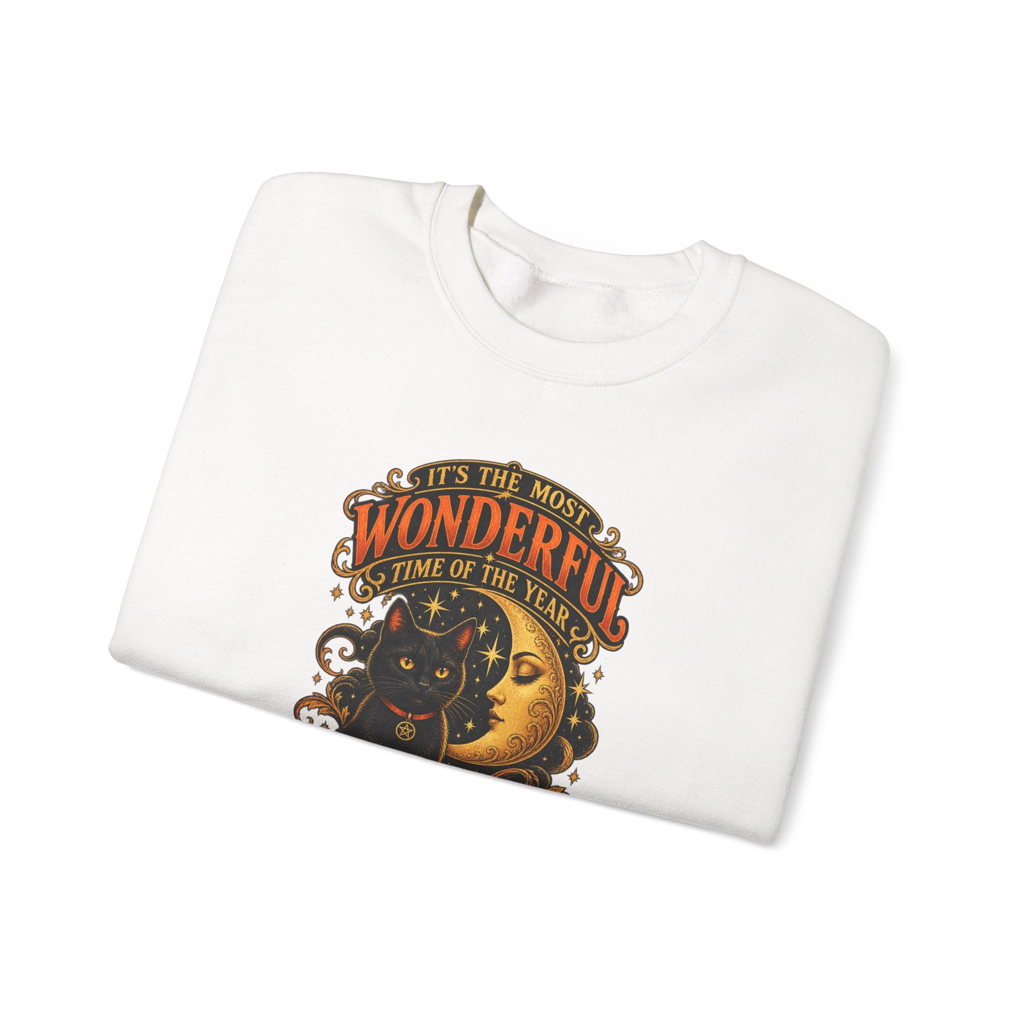 Vintage Halloween Sweatshirt - "It's the Most Wonderful Time of the Year" Black Cat & Moon Design