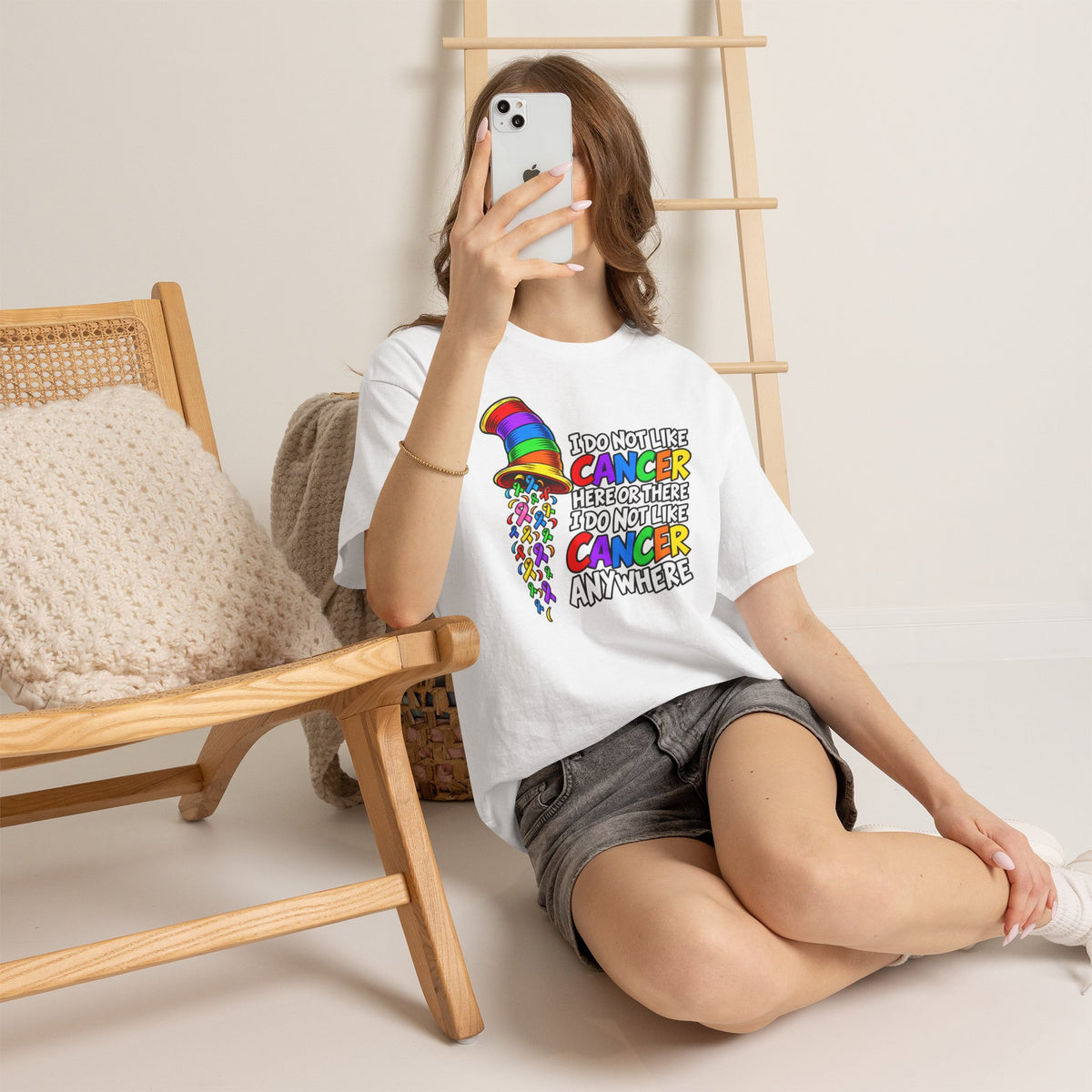 Cancer Awareness T-Shirt — “I Do Not Like Cancer Here or There” Rainbow Ribbon Tee