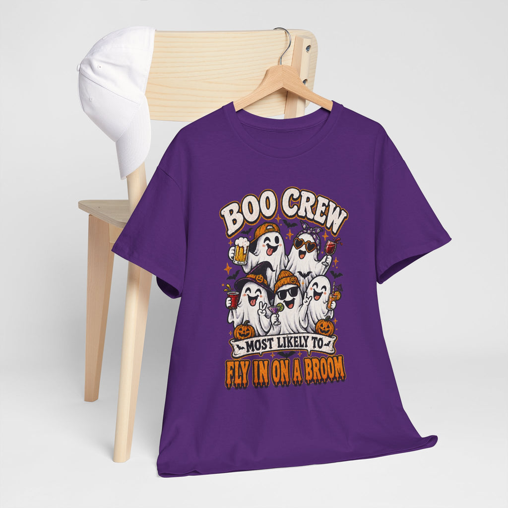Boo Crew T-Shirt — “Most Likely to Fly on a Broom” Halloween Ghost Tee