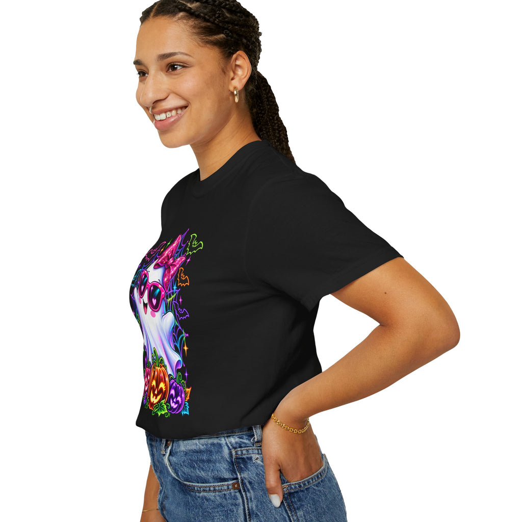 Cute Halloween Ghost T-Shirt — Pink Bow Ghost with Sunglasses & Pumpkins
