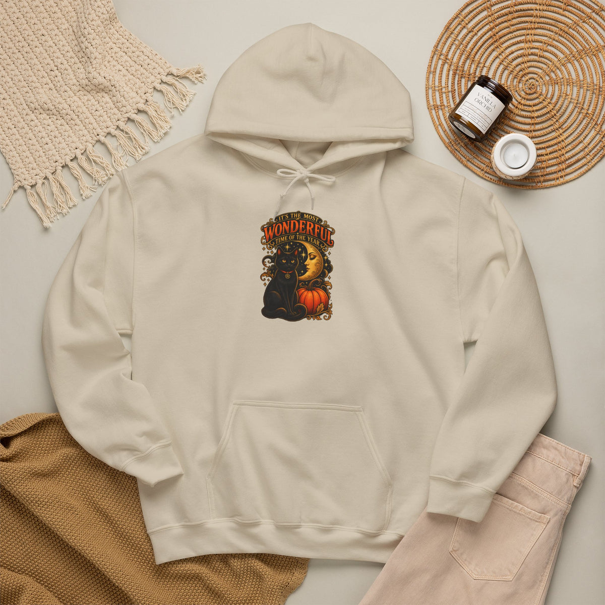 Halloween Black Cat Moon Hoodie – Vintage Pumpkin & Crescent Moon Fall Sweatshirt