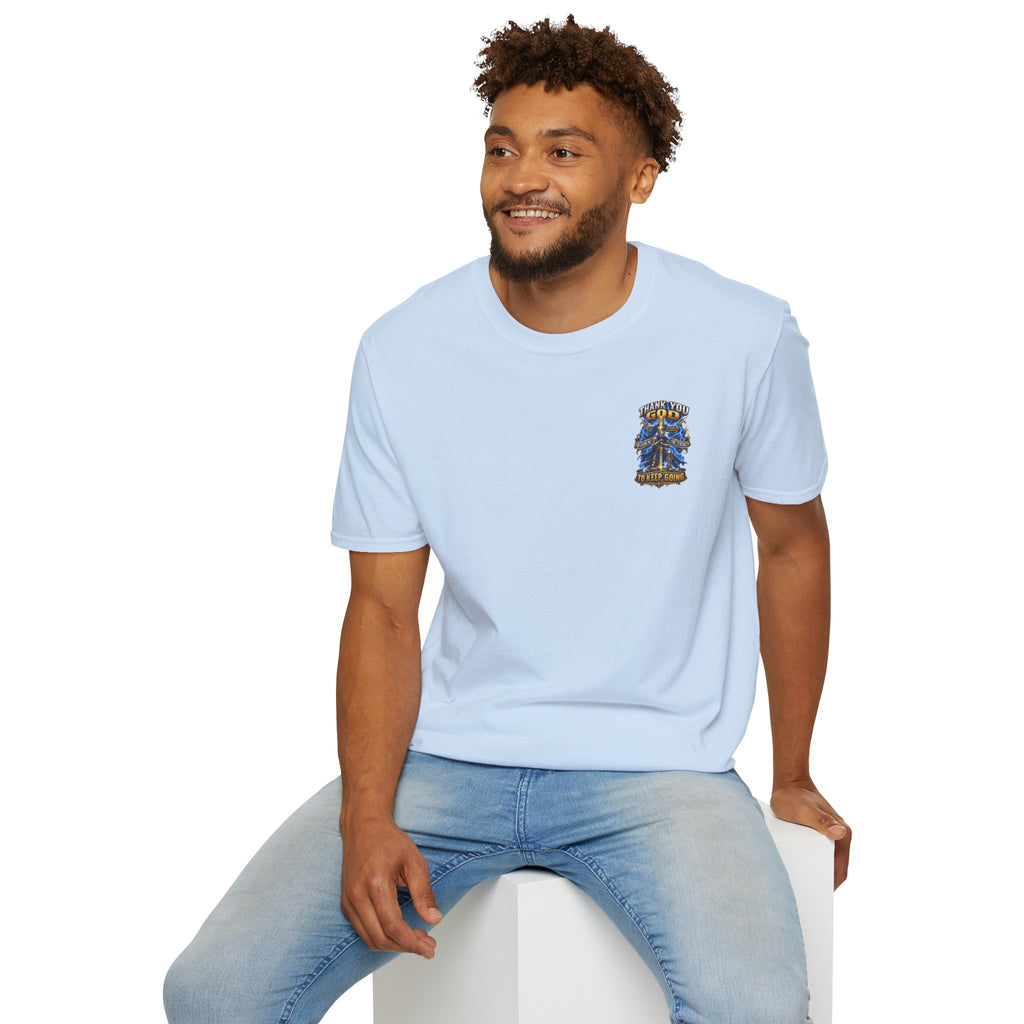 T-Shirt — "Thank You God I Keep Going" Faith Graphic Pocket Tee