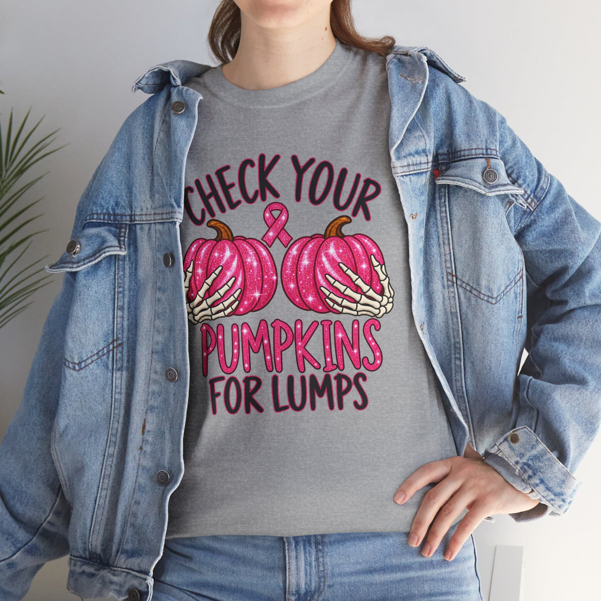 Breast Cancer Awareness T-Shirt — "Check Your Pumpkins for Lumps" Pink Ribbon Tee