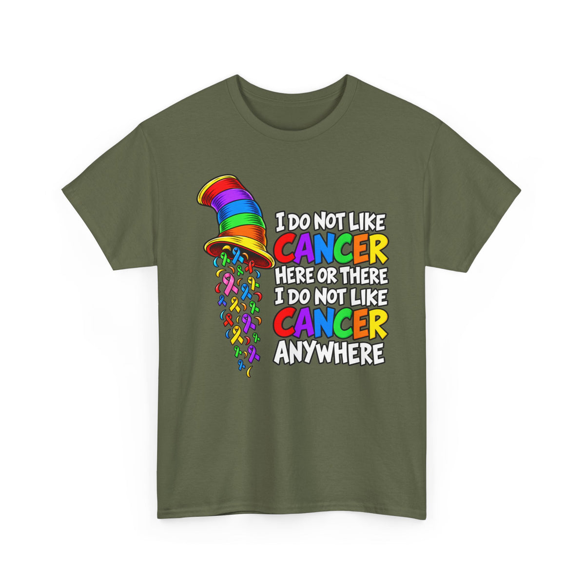 Cancer Awareness T-Shirt — “I Do Not Like Cancer Here or There” Rainbow Ribbon Tee