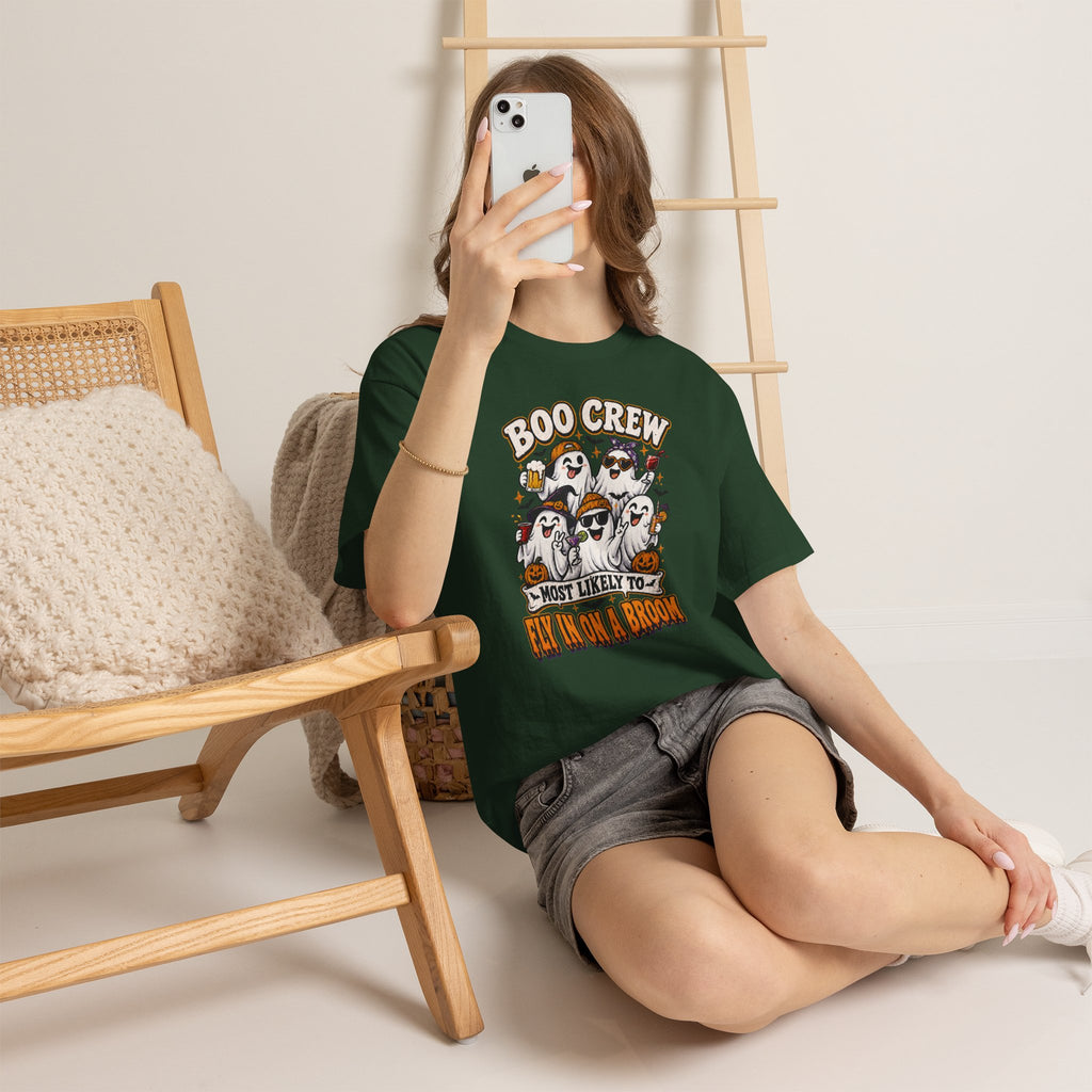 Boo Crew T-Shirt — “Most Likely to Fly on a Broom” Halloween Ghost Tee