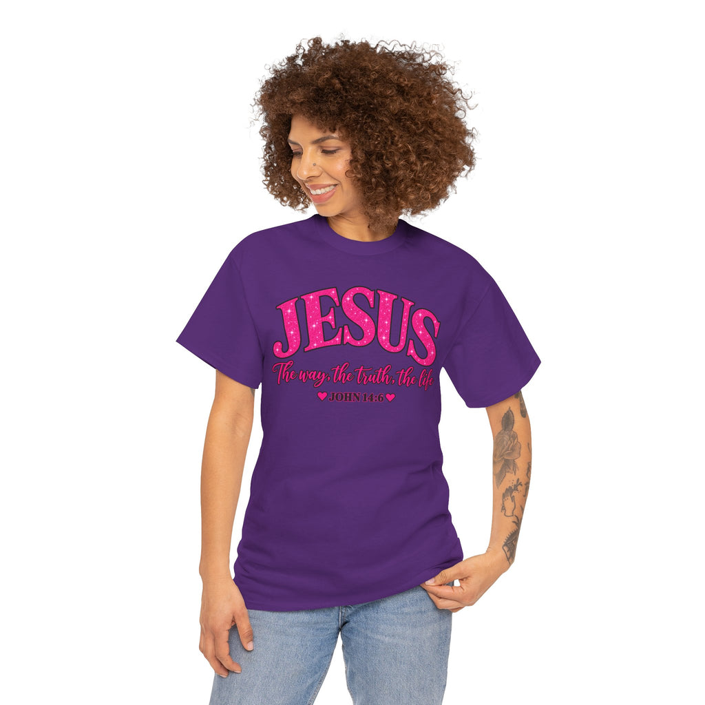 Christian T-Shirt — "JESUS The way, the truth, the life" (John 14:6) Pink Vintage Script