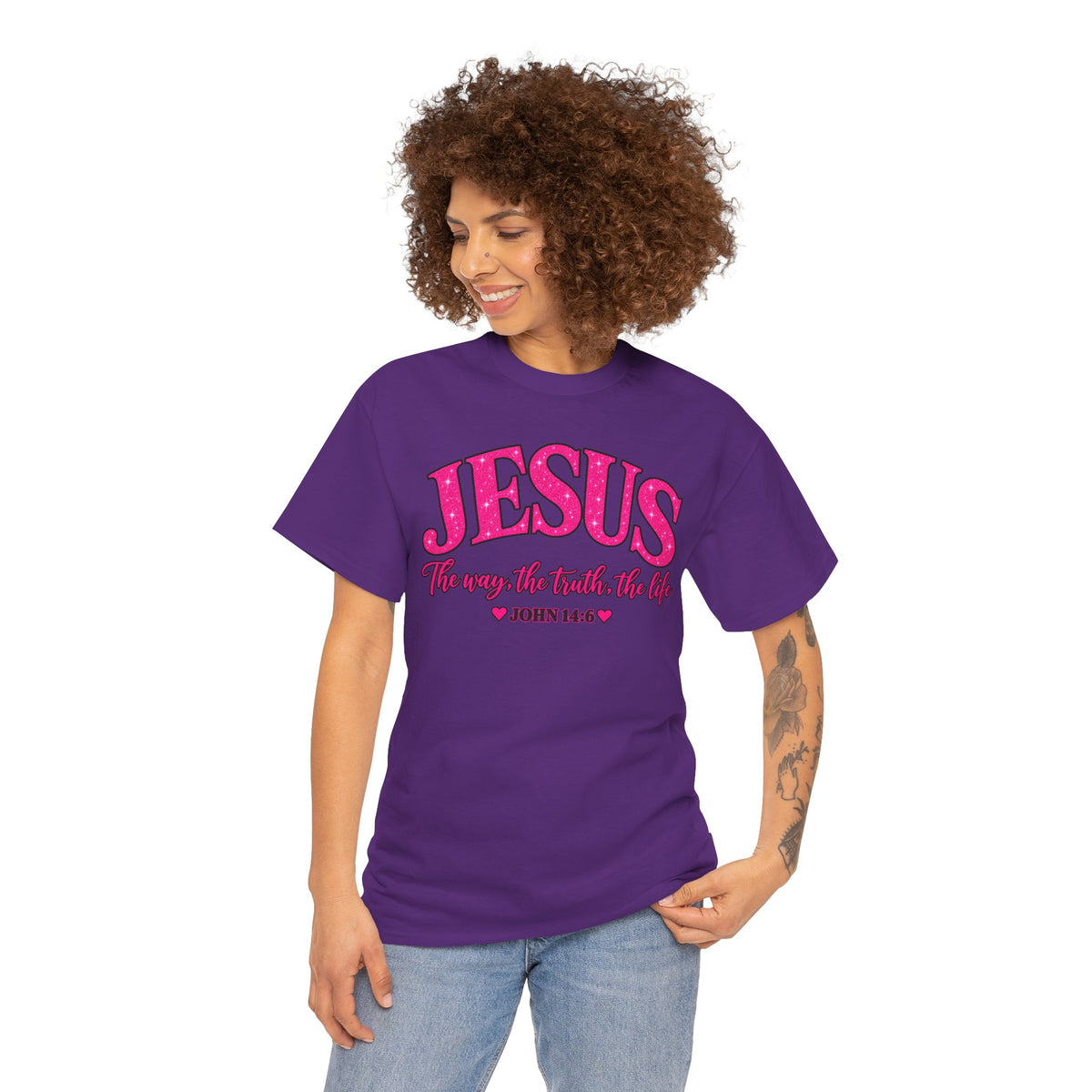 Christian T-Shirt — "JESUS The way, the truth, the life" (John 14:6) Pink Vintage Script