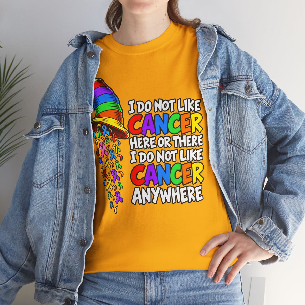 Cancer Awareness T-Shirt — “I Do Not Like Cancer Here or There” Rainbow Ribbon Tee