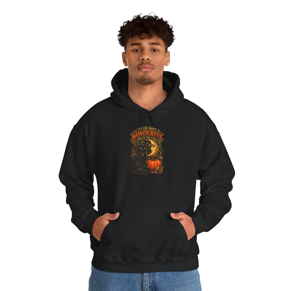 Halloween Black Cat Moon Hoodie – Vintage Pumpkin & Crescent Moon Fall Sweatshirt
